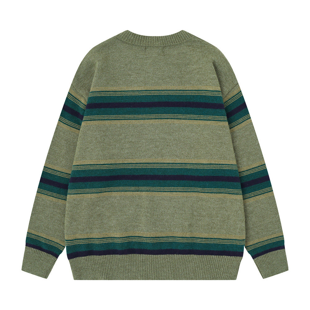 Striped Crew Neck Sweater – Relaxed Fit Color-Block Knit Pullover