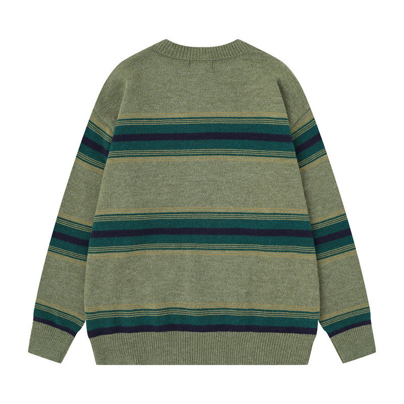 Striped Crew Neck Sweater – Relaxed Fit Color-Block Knit Pullover