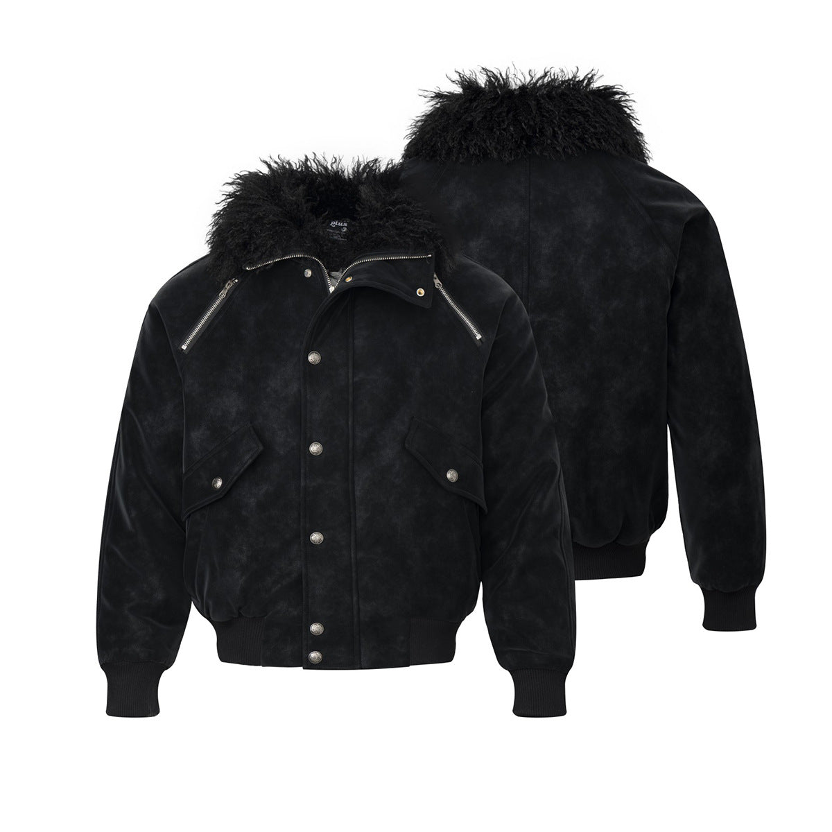 Fur Collar Bomber Jacket – Black Suede-Texture Padded Outerwear