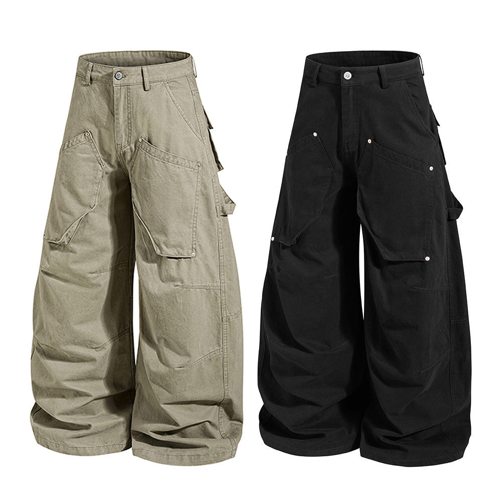 Men's Wide-Leg Cargo Pants – Loose Fit Multi-Pocket Arc-Hem Streetwear Trousers