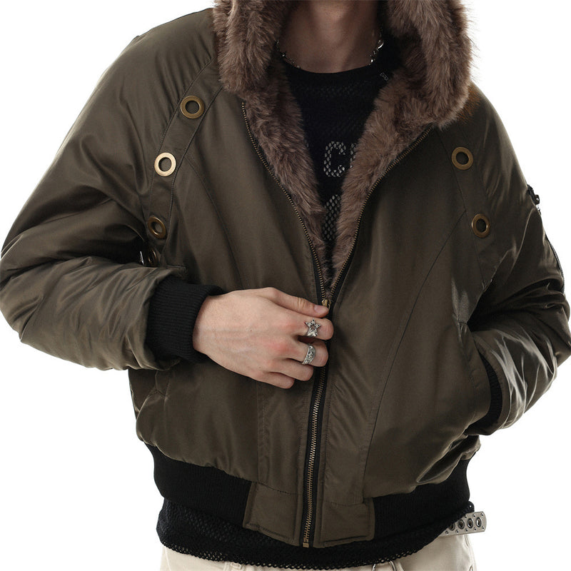 Faux Fur Hood Bomber Jacket – Metal Eyelet Detail Men's Winter Padded Flight