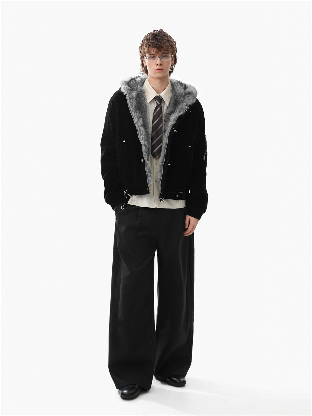 Faux Mink Fur-Trimmed Hooded Bomber Jacket with Toggle Clasps