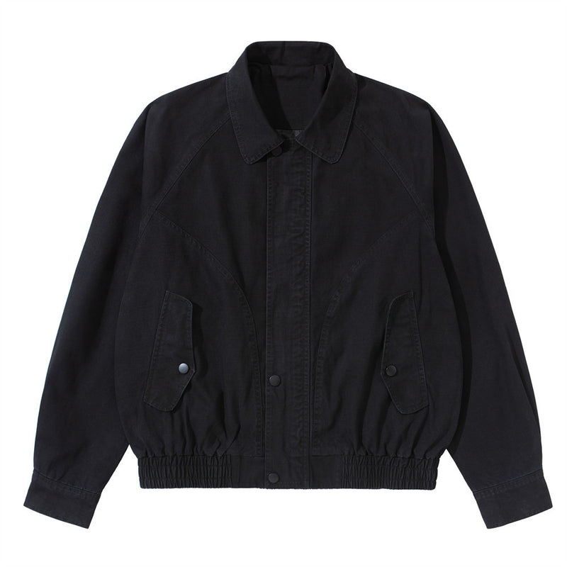 Vintage Washed Workwear Bomber Jacket – Relaxed Fit Snap-Button Harrington