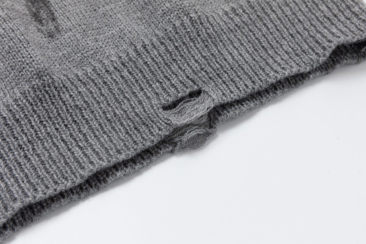 Distressed Graphic Knit Sweater – Raglan Ribbed Sleeve, Rock Print, Grey
