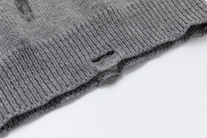 Distressed Graphic Knit Sweater – Raglan Ribbed Sleeve, Rock Print, Grey