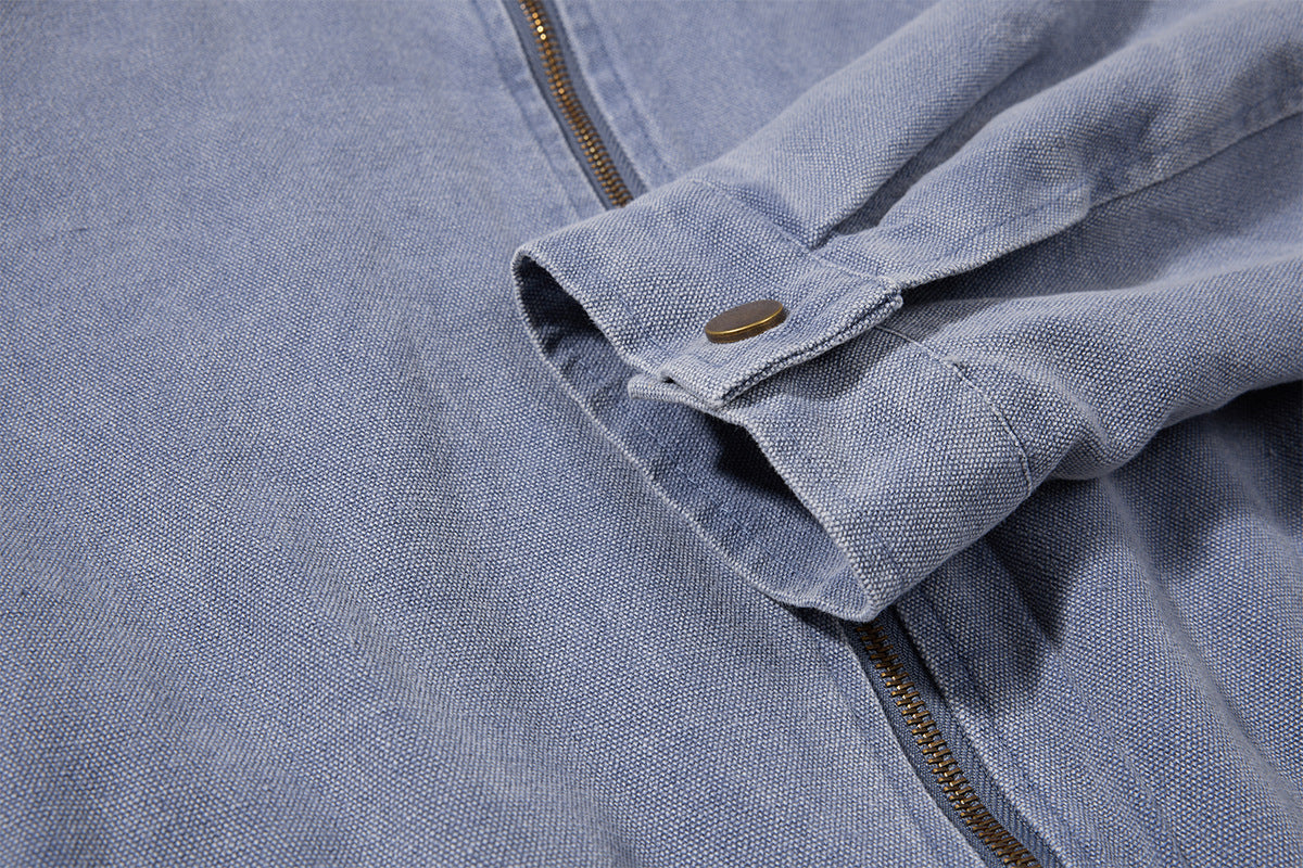 Chaqueta de lona lavada workwear con cuello de pana – Estilo barn de corte cuadrado