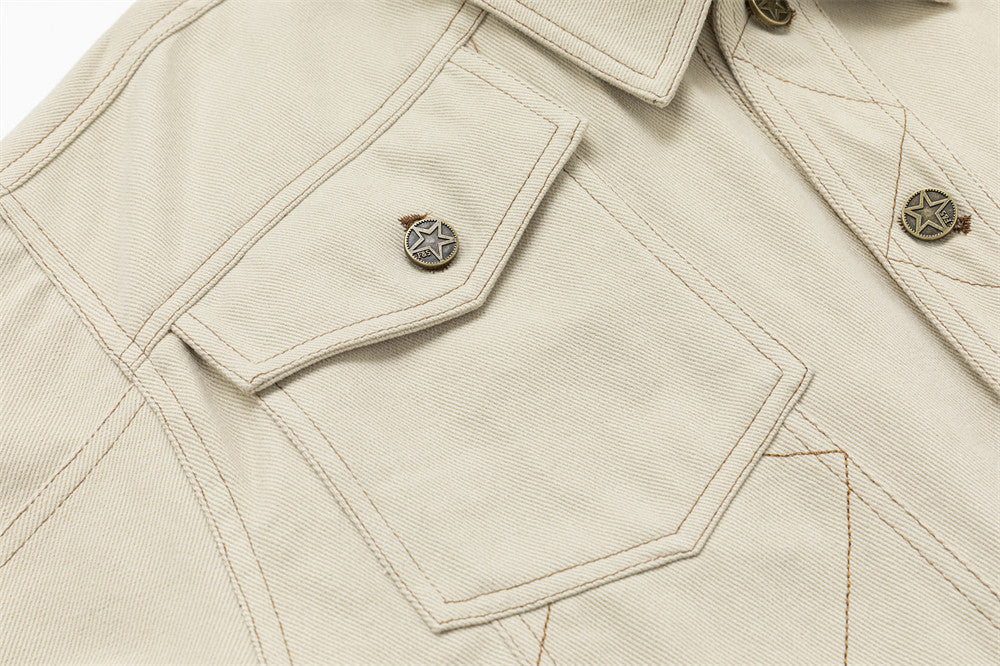 Cropped Denim Jacket – Diamond Stitch Workwear Design, Point Collar