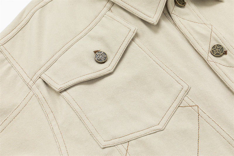 Cropped Denim Jacket – Diamond Stitch Workwear Design, Point Collar