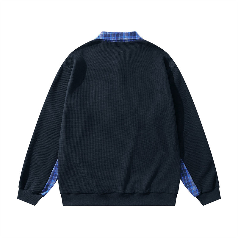 Polo Collar Sweatshirt with Plaid Patchwork & Clints Varsity Graphic