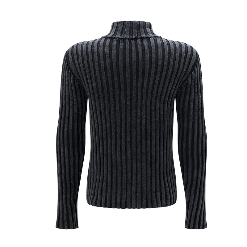 Ribbed Knit Mock-Neck Full-Zip Cardigan Sweater with Lightning Bolt Embroidery