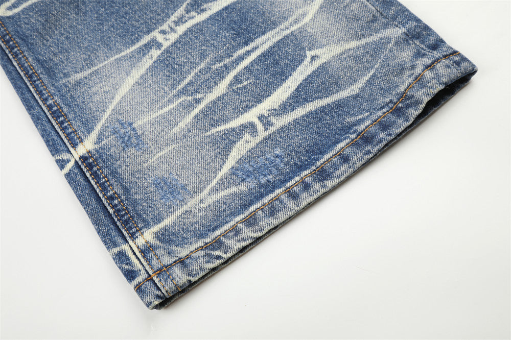 Wide-Leg Distressed Jeans – Lightning Wash Vintage Blue Straight-Fit Denim