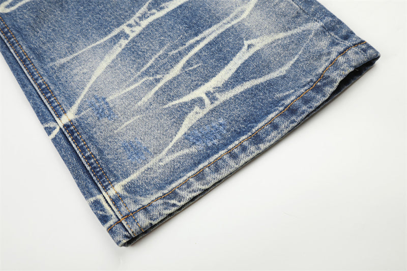 Wide-Leg Distressed Jeans – Lightning Wash Vintage Blue Straight-Fit Denim
