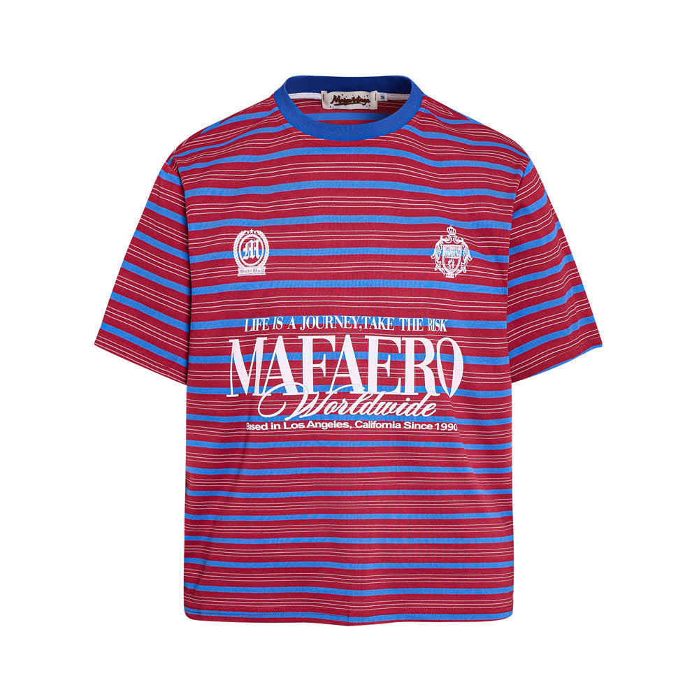 Mafaero Worldwide oversized striped graphic t-shirt in red and blue with collegiate crest embroidery and front logo print