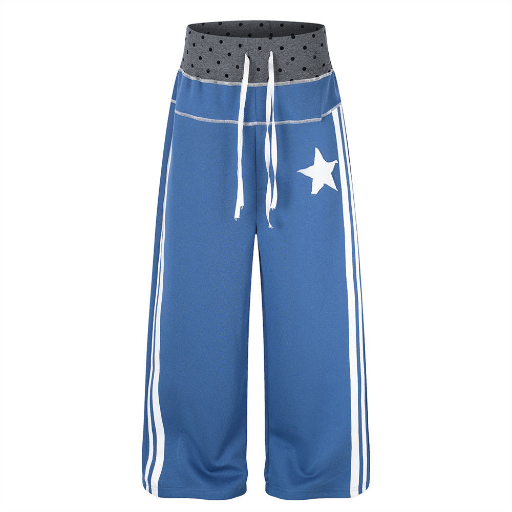 Pantalon de survêtement à jambes larges – Étoile bleue, bandes latérales et ceinture à pois