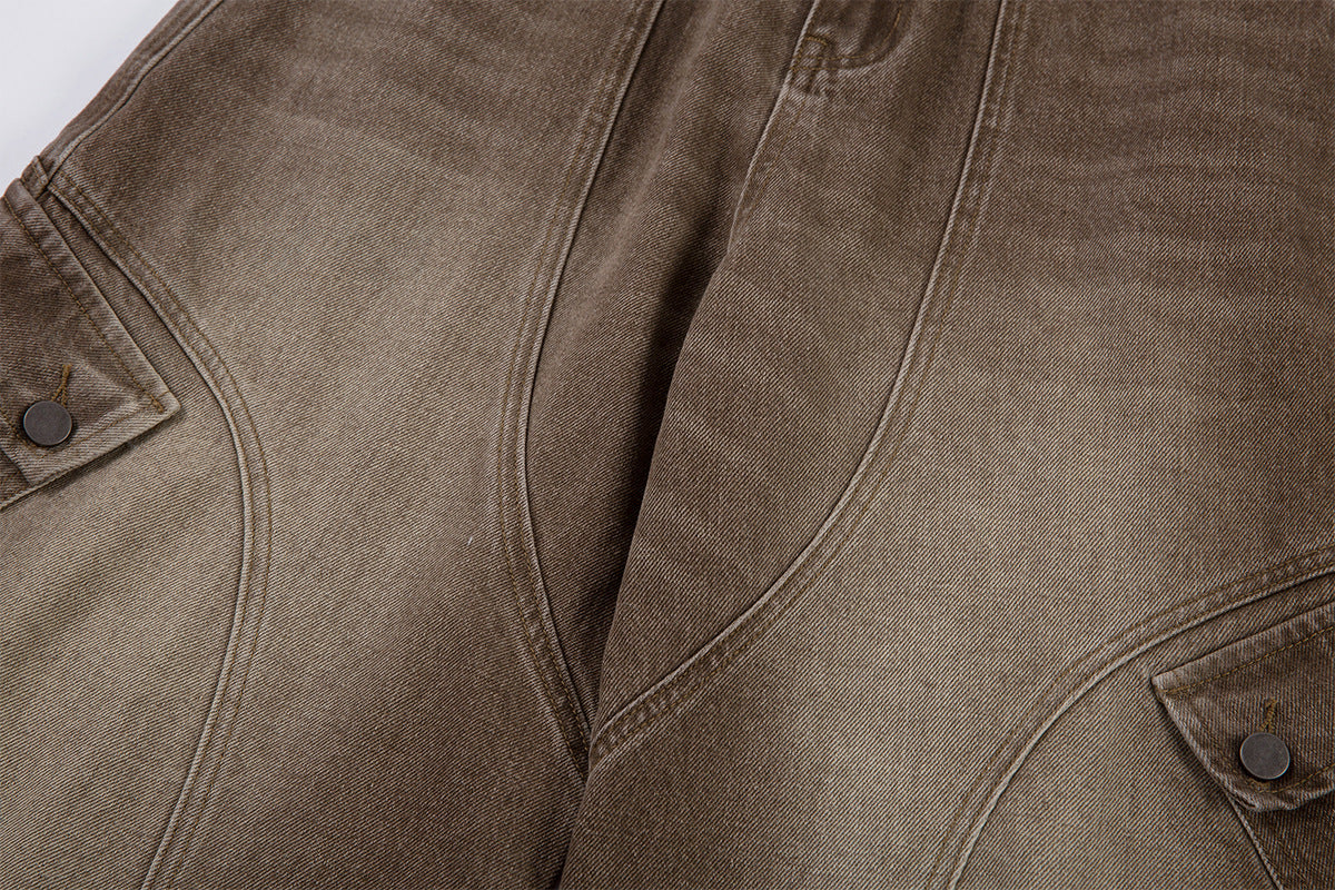 Jean cargo baggy taille haute – Denim marron délavé à jambes larges et coutures courbes