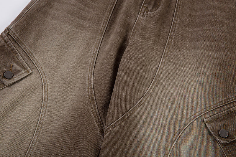 Jean cargo baggy taille haute – Denim marron délavé à jambes larges et coutures courbes
