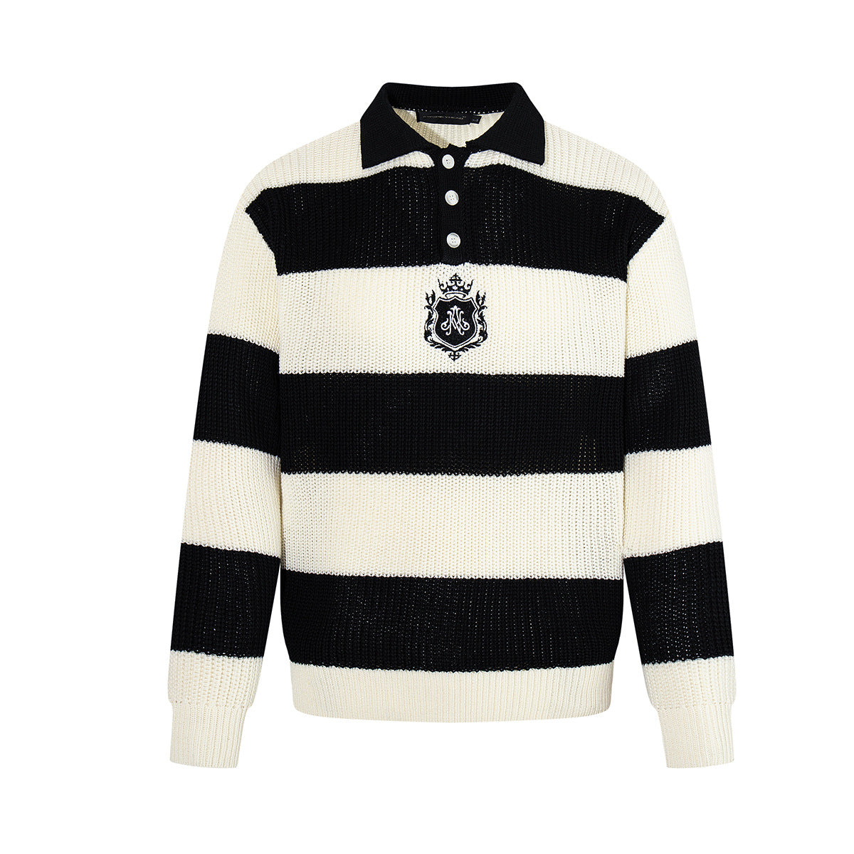Black and white striped polo collar knit sweater with embroidered heraldic crest badge, front view