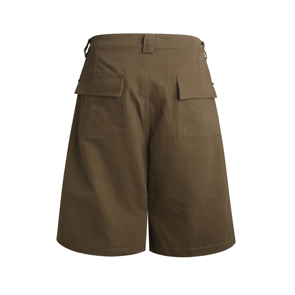 Brown wide-leg shorts back view with flap cargo pockets and belt loops