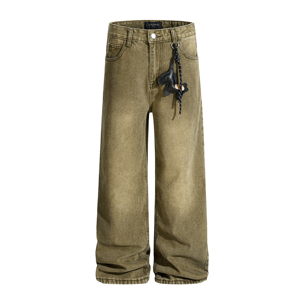 Men's Vintage Washed Wide-Leg Jeans – Relaxed Straight Fit with Horse Charm