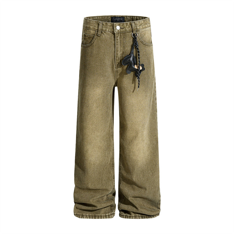 Men's Vintage Washed Wide-Leg Jeans – Relaxed Straight Fit with Horse Charm