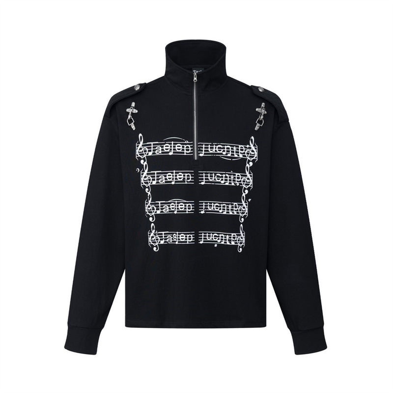 Men's Zip-Up Mock Neck Sweatshirt with Music Note Print — Oversized High-Street