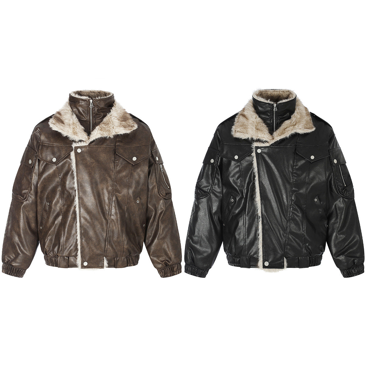 Faux Leather Fur-Lined Bomber Jacket – Cold Weather Motorcycle Jacket with