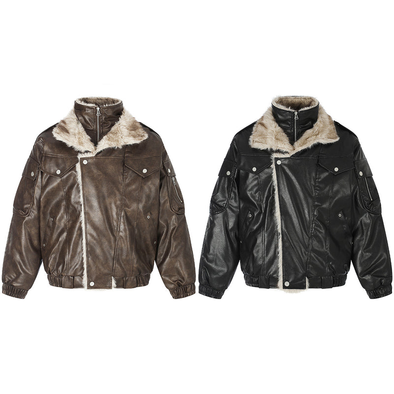 Faux Leather Fur-Lined Bomber Jacket – Cold Weather Motorcycle Jacket with