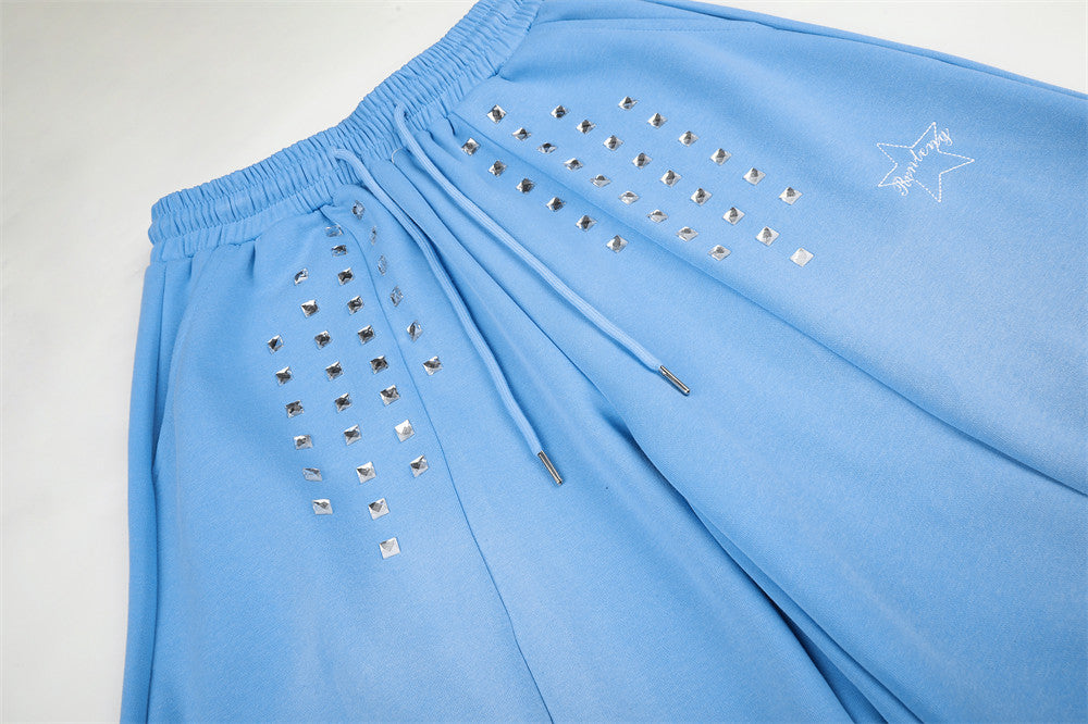 Wide-Leg Sweatpants with Square Stud Embellishments and Drawstring Waist