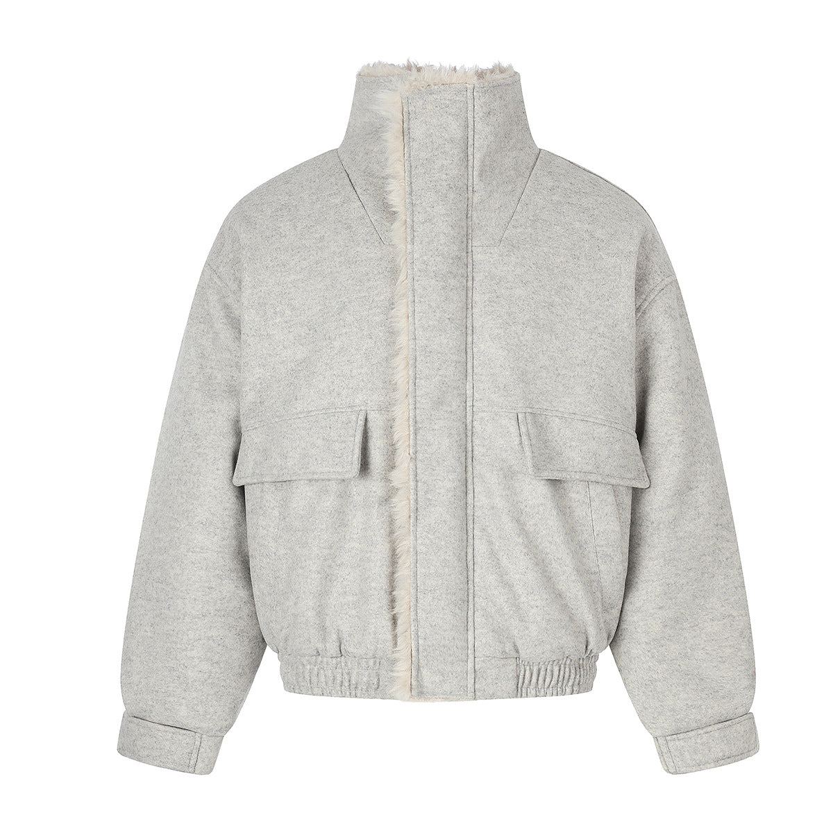 Wool-Blend Bomber Jacket with Sherpa Lining and Fleece Collar Trim