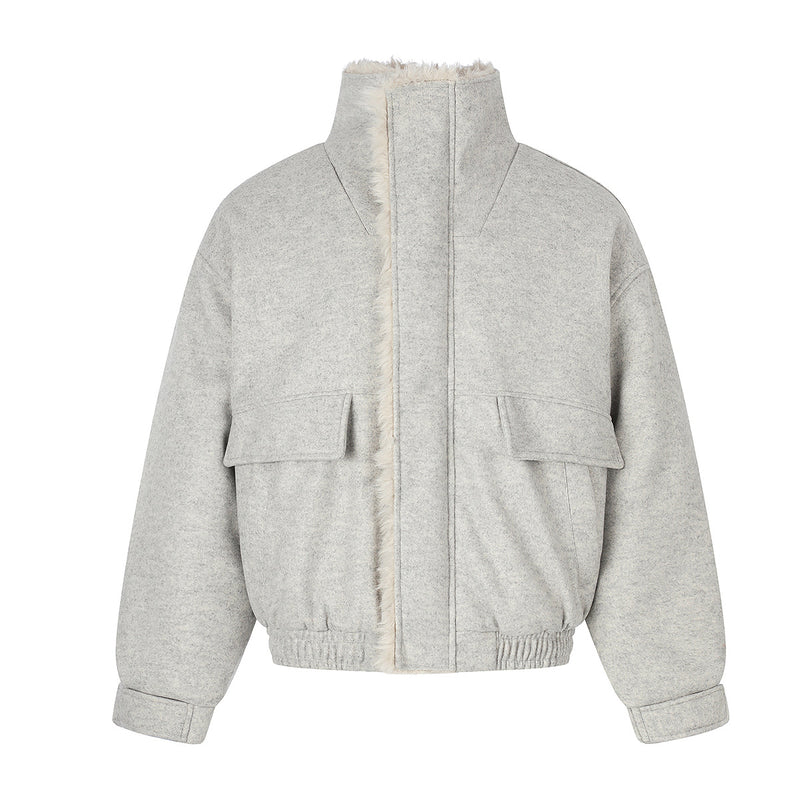 Wool-Blend Bomber Jacket with Sherpa Lining and Fleece Collar Trim