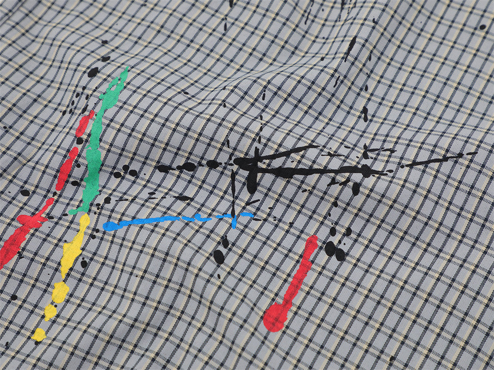 Paint Splash Embroidery Plaid Short Sleeve Shirt – Oversized Fit