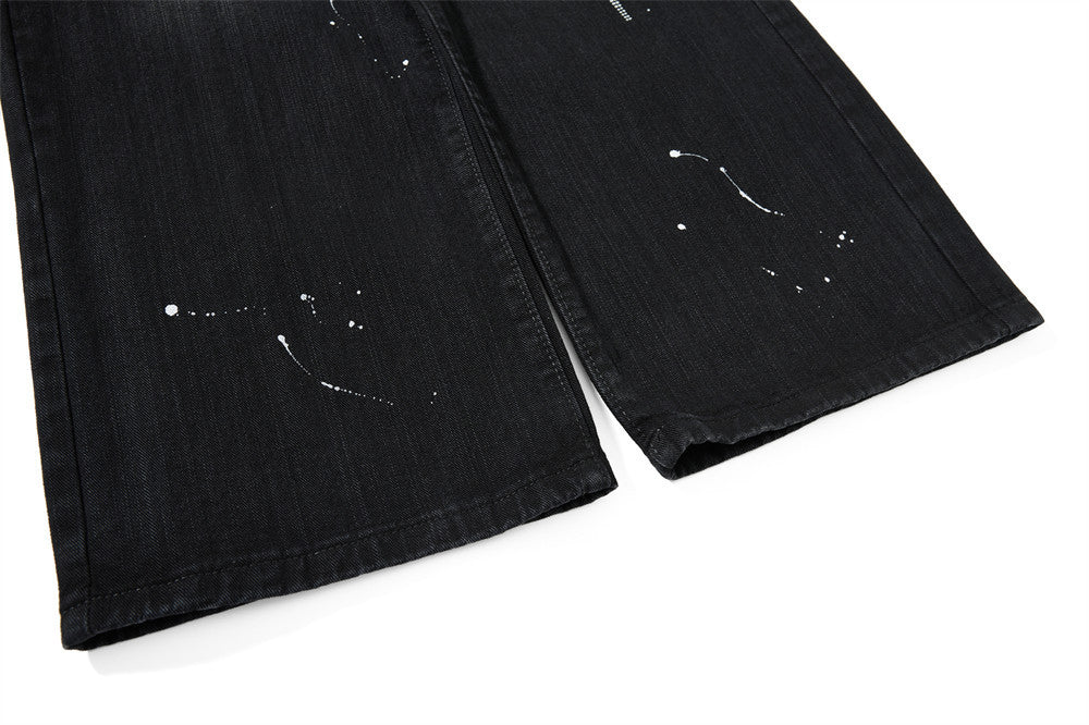 Wide-Leg Jeans Men – Washed Denim, Rhinestone Cross & Paint Splatter Detail