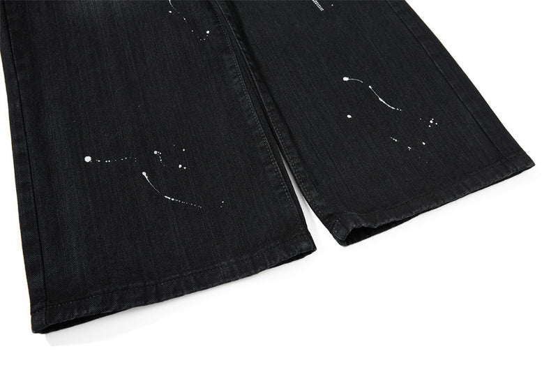 Wide-Leg Jeans Men – Washed Denim, Rhinestone Cross & Paint Splatter Detail