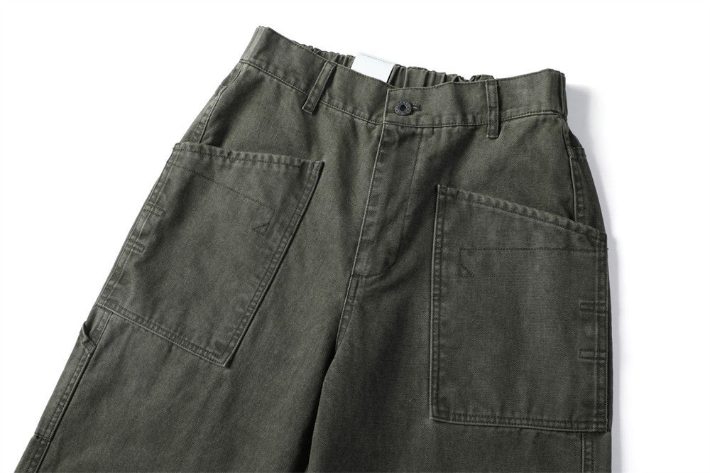 Vintage Washed Canvas Wide-Leg Utility Pants with Patch Pockets