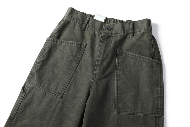 Vintage Washed Canvas Wide-Leg Utility Pants with Patch Pockets