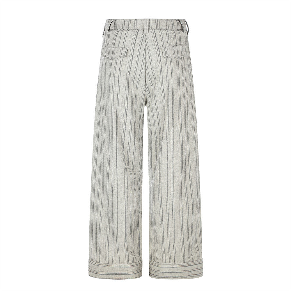 Wide-Leg Striped Trousers – Button-Fly Pleated Straight-Cut Pants