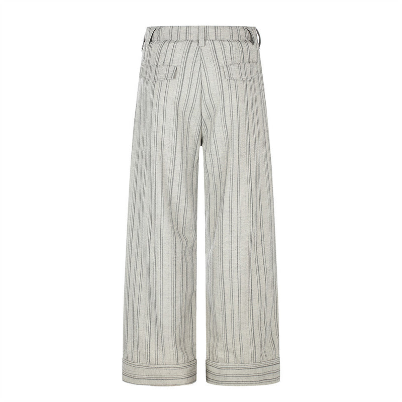 Wide-Leg Striped Trousers – Button-Fly Pleated Straight-Cut Pants