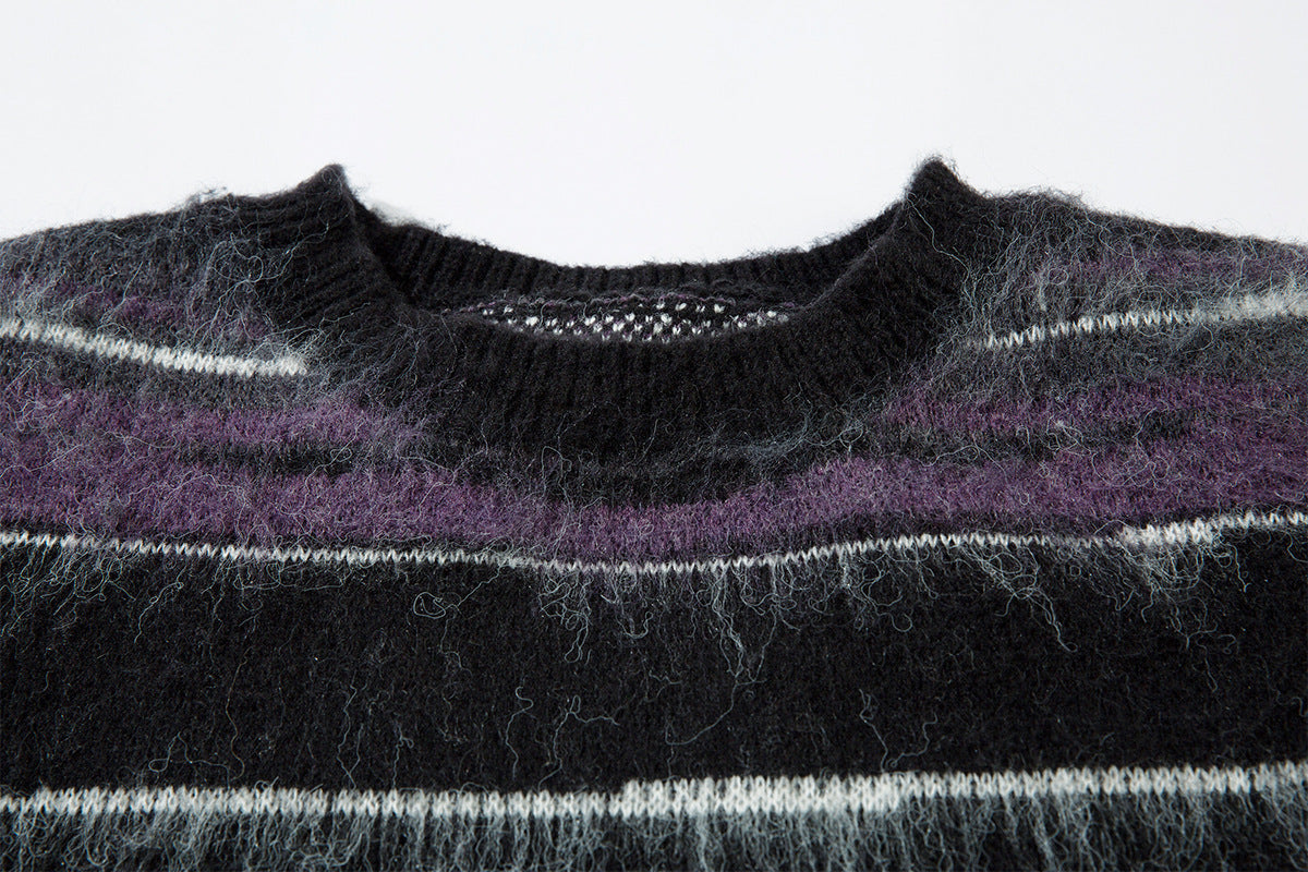 Striped Fuzzy Knit Crew Neck Sweater – Relaxed Fit Mohair-Style Pullover