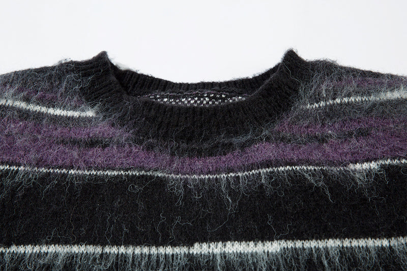 Striped Fuzzy Knit Crew Neck Sweater – Relaxed Fit Mohair-Style Pullover