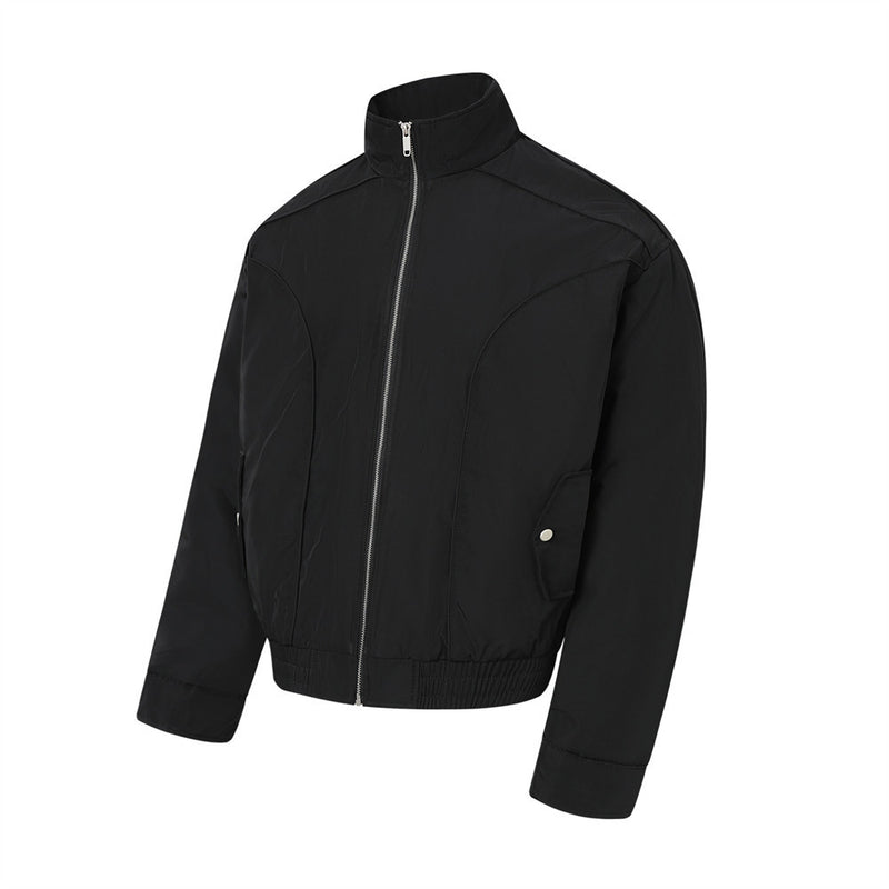 Men's Stand Collar Bomber Jacket with Padded Lining and Curved Seam Detail