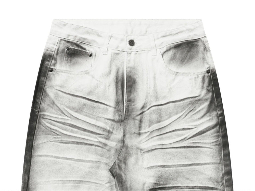 Men's Wide-Leg Baggy Jeans – Ink Wash Gradient Crinkle Print, Straight Fit
