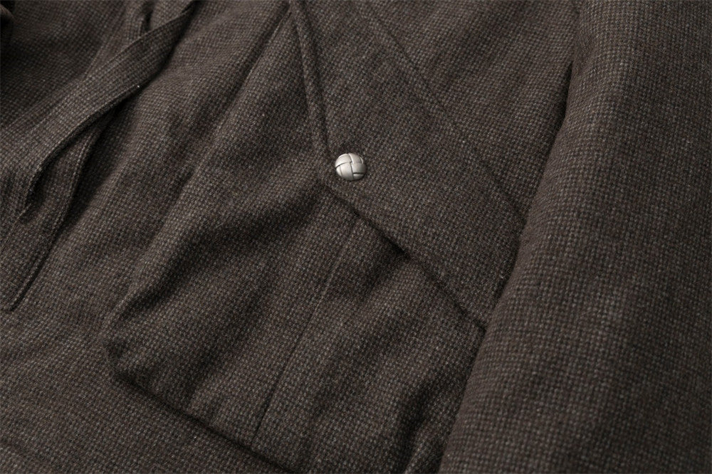 Men's Fur Collar Bomber Jacket – Houndstooth Wool-Blend with Cargo Pockets