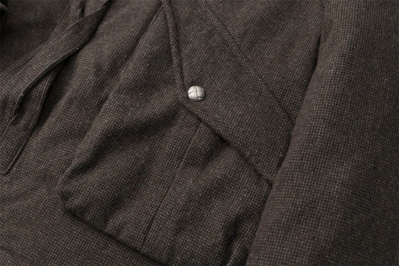 Men's Fur Collar Bomber Jacket – Houndstooth Wool-Blend with Cargo Pockets