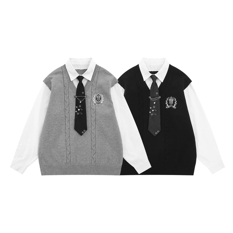 Cable Knit Sweater Vest Layered Shirt with Tie – Collegiate Preppy Style