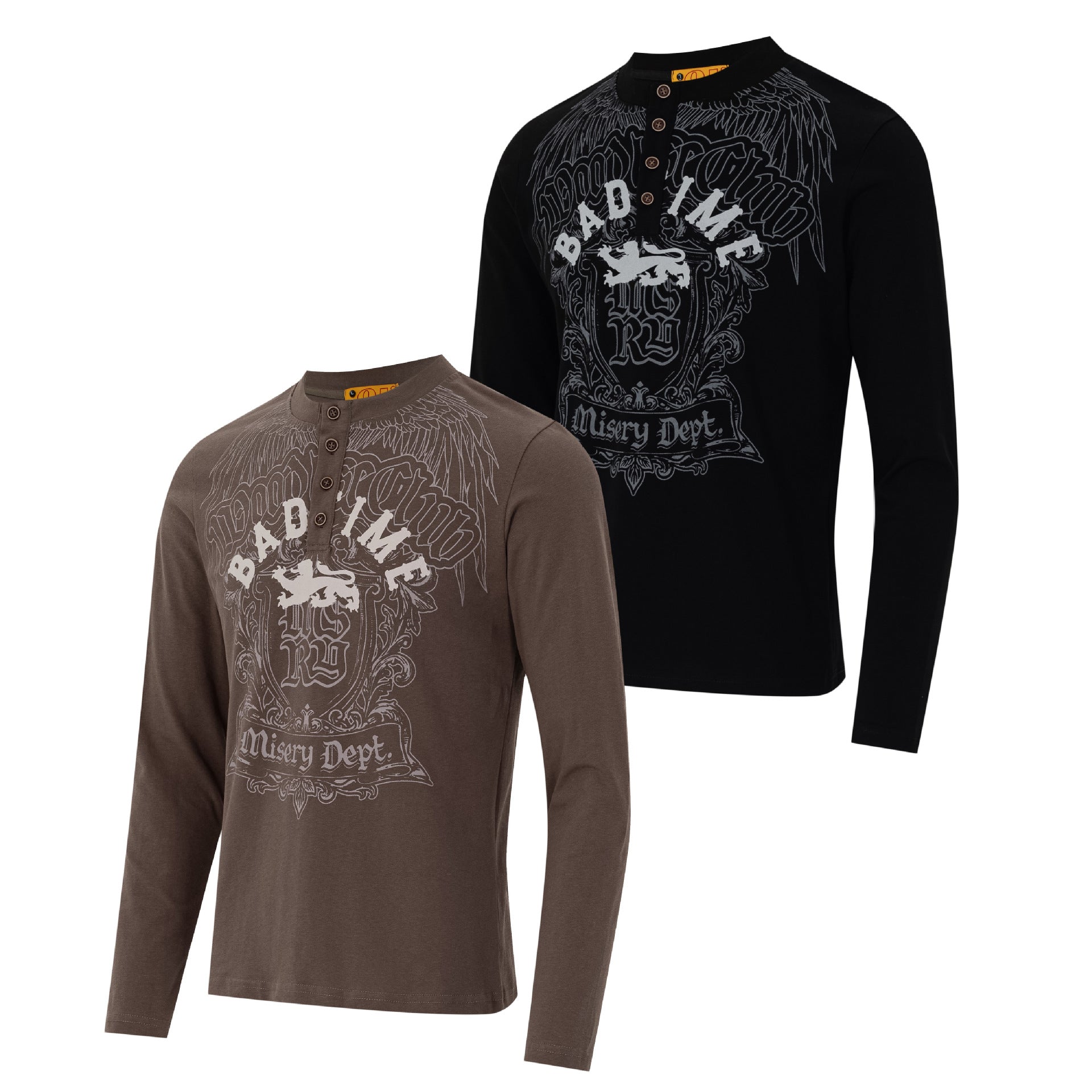Herren-Langarm-Henley-Shirt mit Gothic-Graphic – Vintage-American-Streetwear-T-Shirt