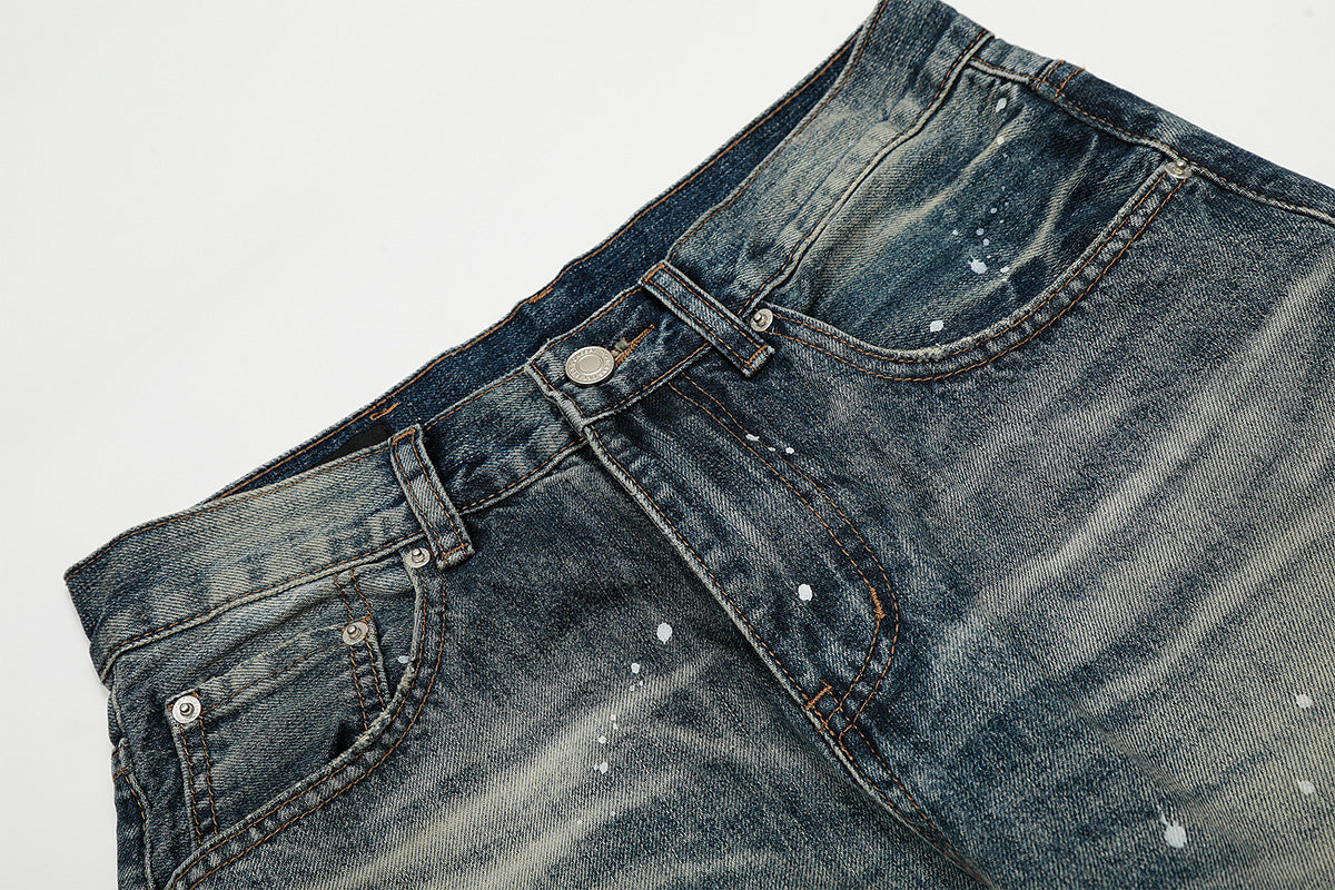 Vaqueros baggy con diseño — Denim vintage lavado de pierna ancha con salpicaduras de pintura