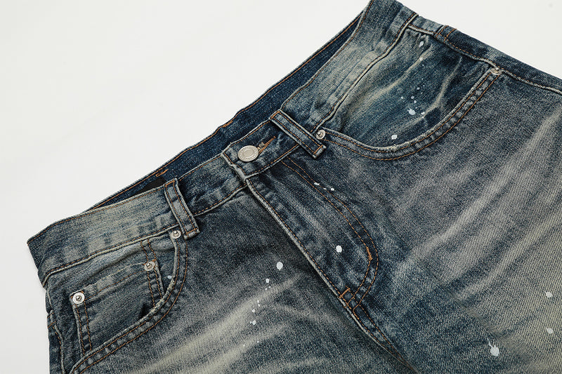 Vaqueros baggy con diseño — Denim vintage lavado de pierna ancha con salpicaduras de pintura