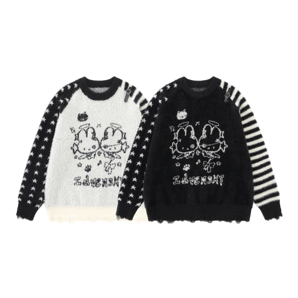 Cartoon Rabbit Angel Knit Sweater – Mixed Star & Stripe Fuzzy Pullover with