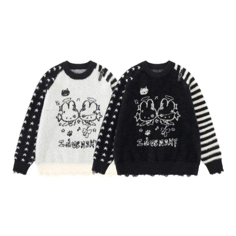 Cartoon Rabbit Angel Knit Sweater – Mixed Star & Stripe Fuzzy Pullover with
