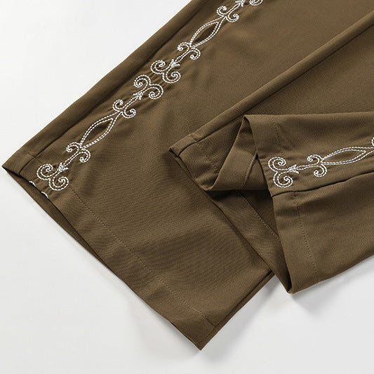 Wide Leg Dress Pants with Floral Embroidery Side Stripe